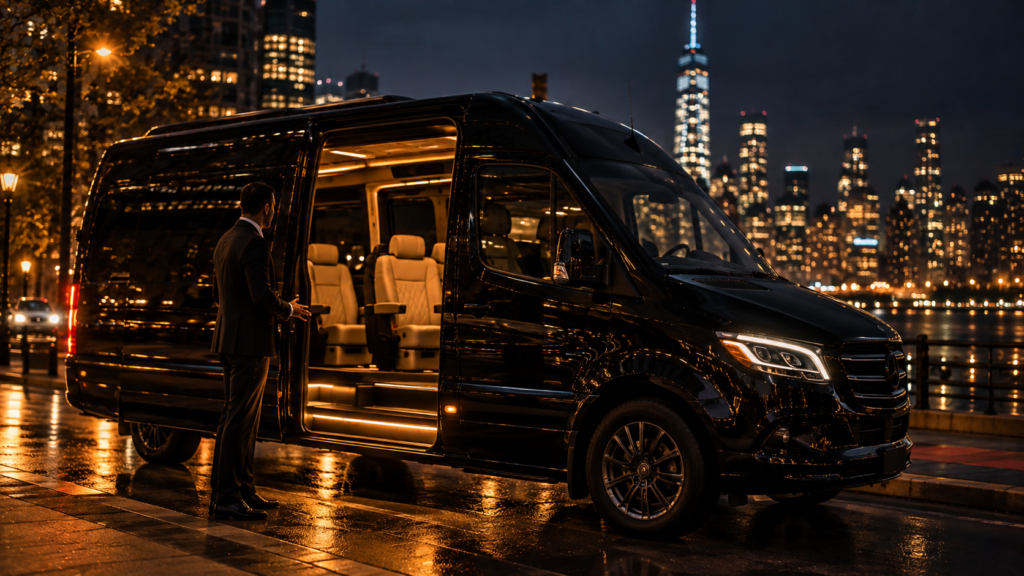 Professional chauffeur beside a luxury black Mercedes-Benz Sprinter at night in Manhattan, contact our team for premium transportation across New York City, Northern New Jersey, and Southern Connecticut.